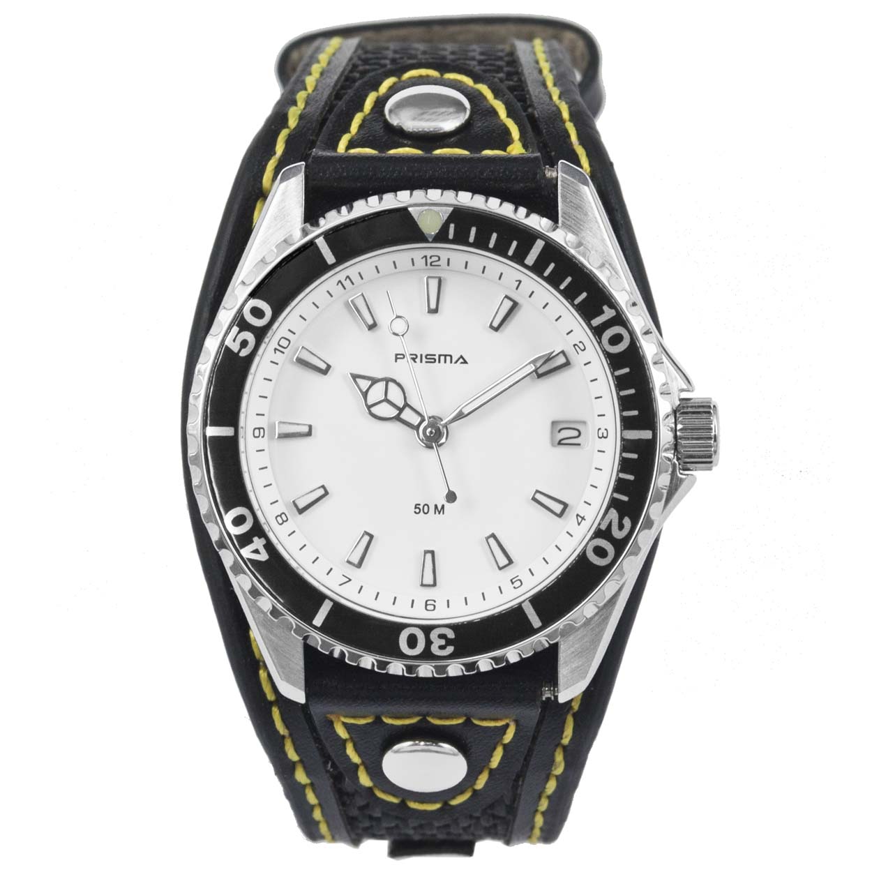 Prisma jongens P.1429 horloge 5 ATM 		
		
Algemeen		
Geslacht: jongens		
Model: P.1429		
		
Voordelen		
- band PU leder zwart (geel kleurig stiksel)		
- wijzerplaat wit met zilvere streepjes		
- datum		
- spat waterdicht: handenwassen, regen		
- quartz		
- maat kast 33,5mm (breedte) 10,15mm (dikte)