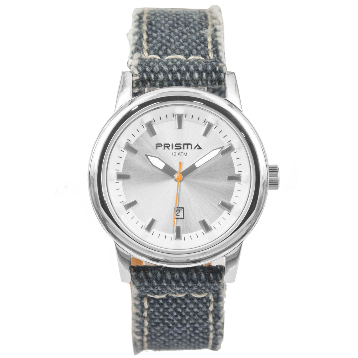 Prisma jongens P.1430 horloge edelstaal 10 ATM 		
		
Algemeen		
Geslacht: jongens		
Model: P.1430		
		
Voordelen		
- band canvas blauw (crème kleurig stiksel)		
- wijzerplaat zilver met zilvere streepjes		
- boven gem. waterdicht: zwemmen/duiken		
- ook voor brede pols (max. 227,9 mm)		
- wijzers lichten op in donker		
- datum		
- quartz		
- maat kast 34,9mm (breedte) 9,5mm (dikte)