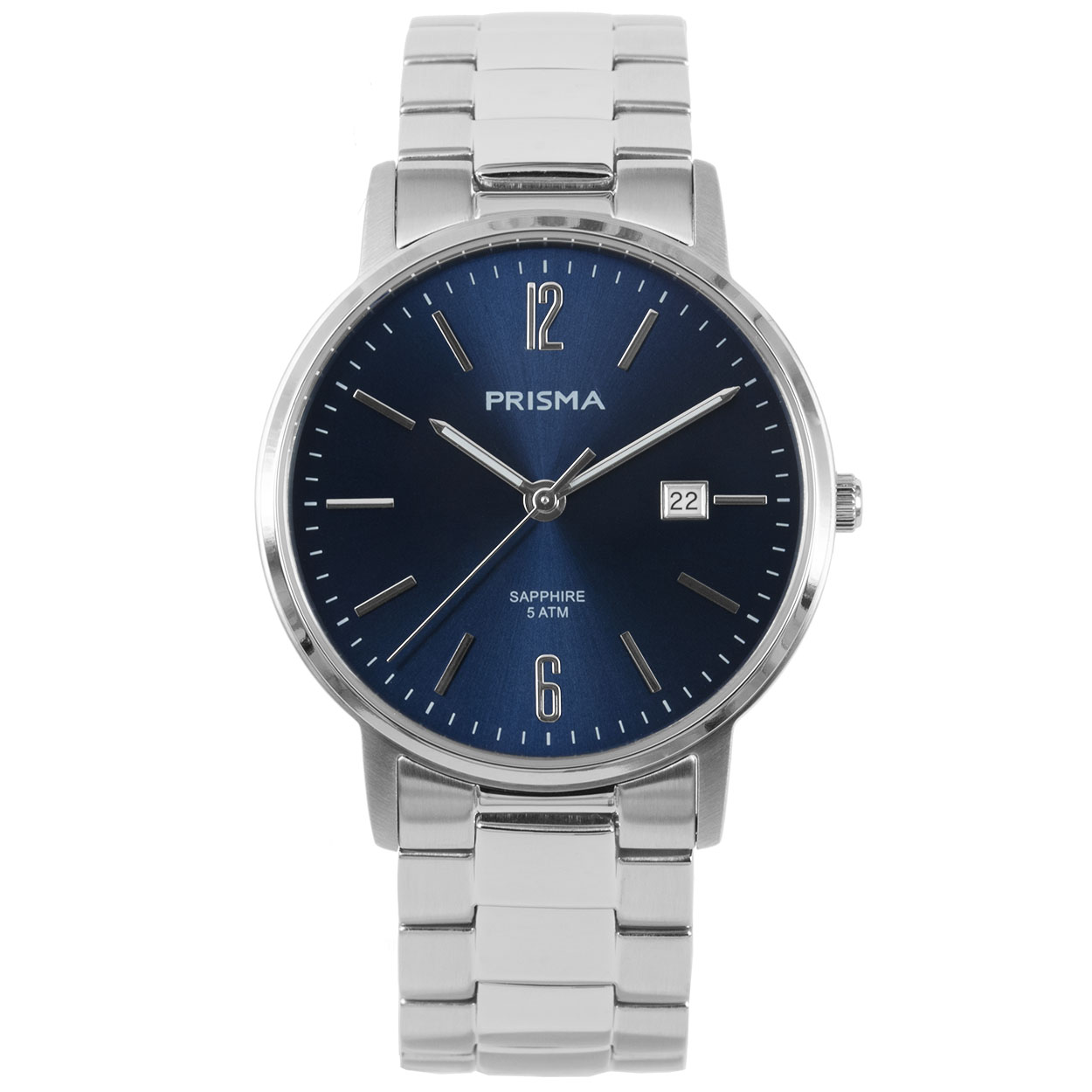 Prisma horloge 1471 heren edelstaal saffierglas 5 ATM 

- band edelstaal zilver solid
- wijzerplaat blauw met zilvere streepjes
- glas is zeer krasvast
- ook voor brede pols (max. 220 mm)
- wijzers lichten op in donker
- datum
- quartz
- maat kast 39mm (breedte) 7,7mm (dikte)