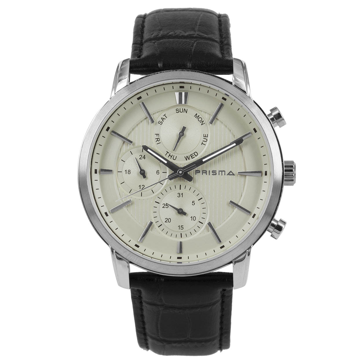 Prisma P.1581 heren chronograaf horloge edelstaal 5 ATM 

Algemeen
Geslacht: heren
Model: P.1581

Voordelen
- band echt leer zwart
- chronograaf/stopwatch
- wijzerplaat beige met zilvere streepjes
- ook voor brede pols (max. 224,1 mm)
- dagwijzer
- wijzers lichten op in donker
- spat waterdicht: handenwassen, regen
- quartz
- maat kast 43mm (breedte) 11mm (dikte)