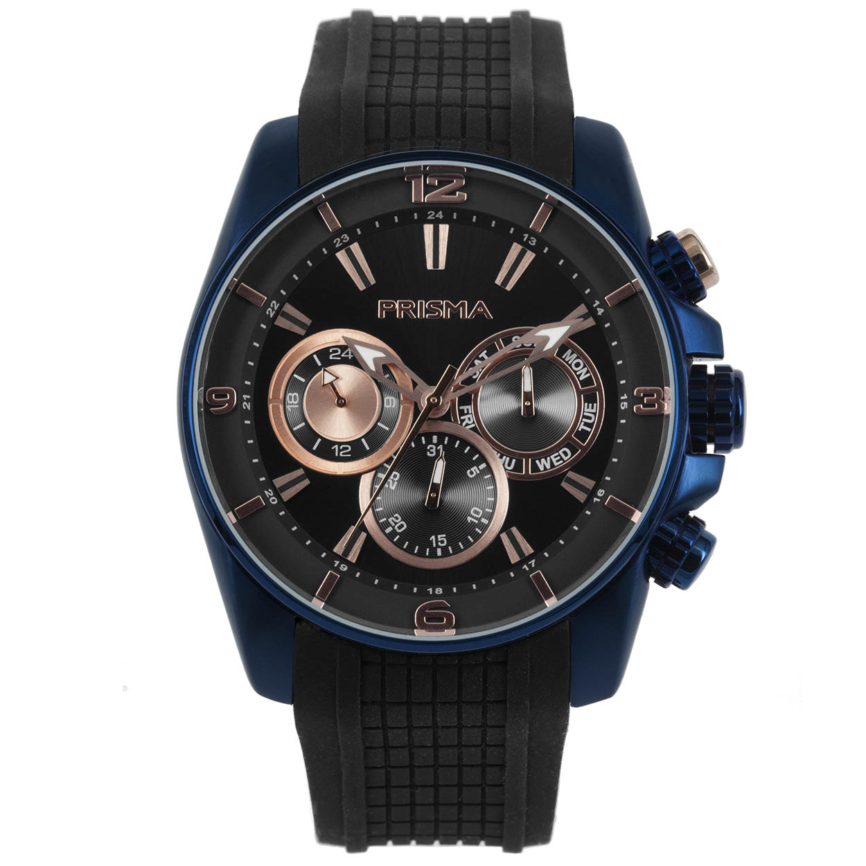 Prisma horloge P.1597 heren multifunctie edelstaal 10 ATM 

Algemeen
Geslacht: heren
Model: P.1597

Voordelen
- band plastic/silicone zwart
- multi-functie
- wijzerplaat zwart met roségoudkleurige streepjes
- boven gem. waterdicht: zwemmen/duiken
- ook voor brede pols (max. 239 mm)
- datum wijzer
- dagwijzer
- quartz
- maat kast 45mm (breedte) 12,5mm (dikte)




Details
Kast
- Kast maat: 45 mm
- Kast dikte: 12,5 mm
- Kast materiaal: edelstaal
- Kast kleur: blauw
- Kastvorm: rond
- Glas type: mineraal
- Waterdicht: 10 ATM/BAR


Wijzerplaat
- Wijzerplaat: zwart met roségoudkleurig streepjes
- Lichtfunctie: glow in the dark (wijzers)



Band
- Maat aansluiting band 24 mm
- Band: plastic/silicone zwart
- Sluiting band: gespsluiting (blauw edelstaal)
- Past om een pols tot: 239 mm pols-omtrek


Uurwerk
- Functies: multifunctie (datum wijzer, dag en 12 uurs aanduiding)
- Uurwerk: Seiko (VX9J) 
- Batterij type 395
- Energiebron uurwerk: quartz

Overig
- EAN: 8716667168350