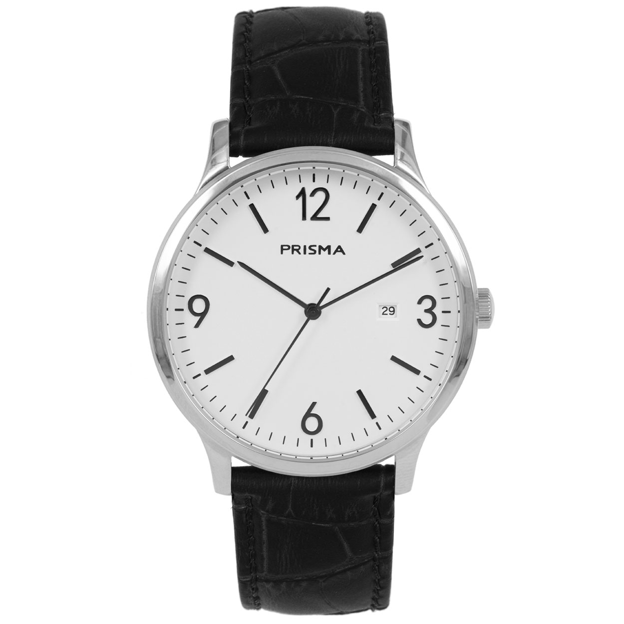 Prisma heren P.1631 horloge edelstaal 		
		
Algemeen		
Geslacht: heren		
Model: P.1631		
		
Voordelen		
- band echt leer zwart		
- wijzerplaat wit met zwarte streepjes	
- designed in the Netherlands		
- datum		
- spat waterdicht: handenwassen, regen		
- duurzame coating		
- quartz		
- maat kast 40,3mm (breedte) 7,7mm (dikte)