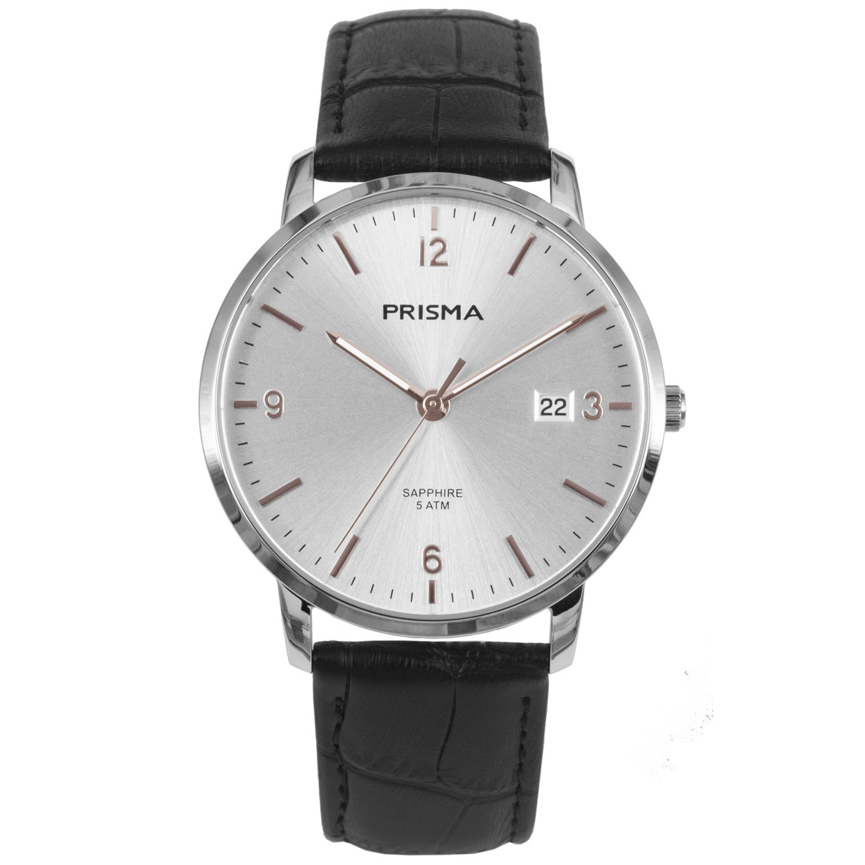 Prisma heren P.1647 horloge edelstaal saffierglas 5 ATM 		
		
Algemeen		
Geslacht: heren		
Model: P.1647		
		
Voordelen		
- band echt leer zwart		
- wijzerplaat zilver met ros&#233;goudkleurige streepjes		
- glas is zeer krasvast		
- slimelinemodel (minder dan 9 mm dik)		
- designed in the Netherlands		
- wijzers lichten op in donker		
- datum		
- maat kast 39mm (breedte) 7,51mm (dikte)		
		
		
		
		
