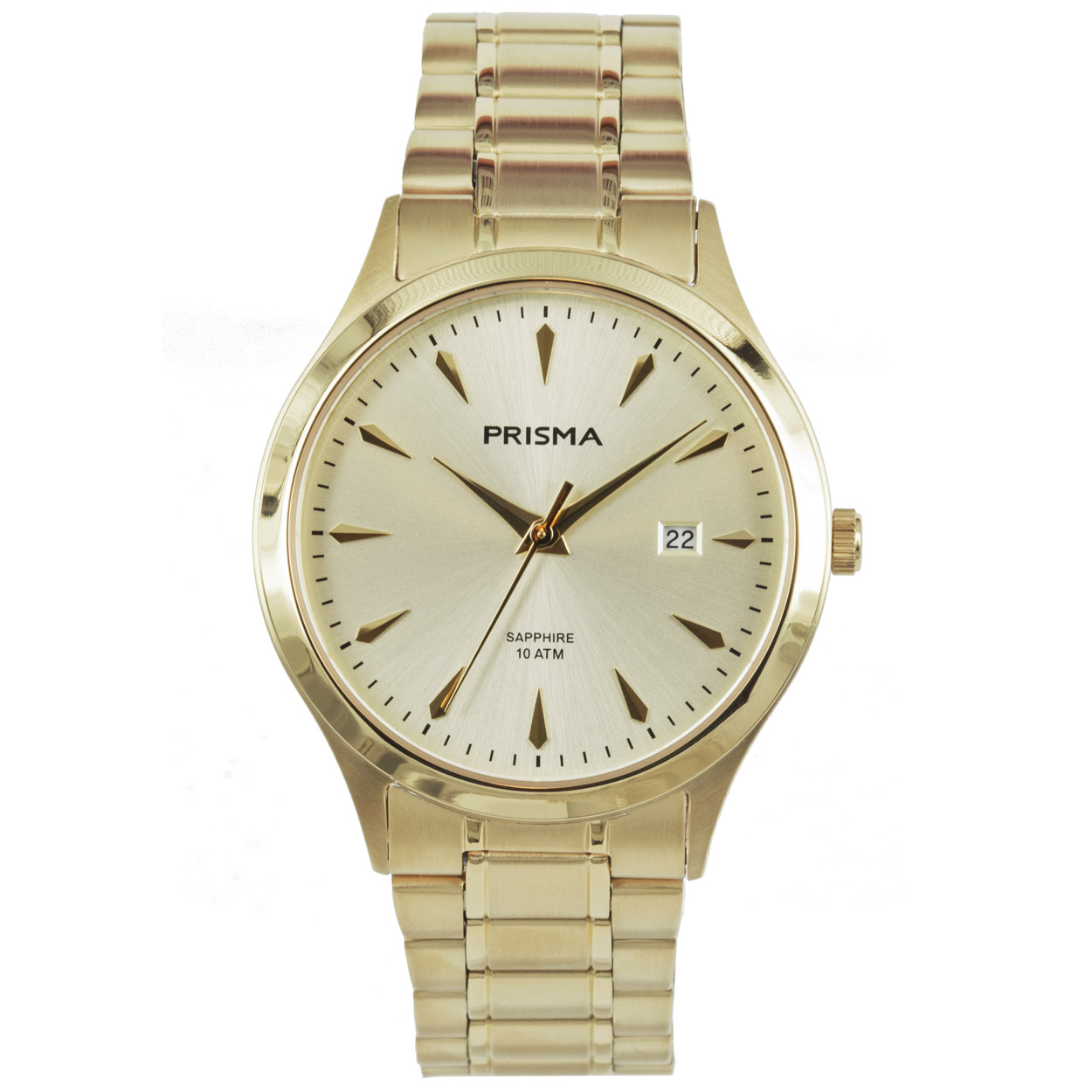 Prisma P.1652 gents watch all stainless steel sapphire glass 10 ATM 

Universal
Gender: gents
Model: P.1652

Benefits
- strap all stainless steel gold
- watchface gold with golden stripes
- above average waterproof: swimming/diving
- glass is very scratch resistant
- compact closure with gives carrying comfort
- date
- quartz
- measurement case 39,4mm (latitude) 8,7mm (thickness)