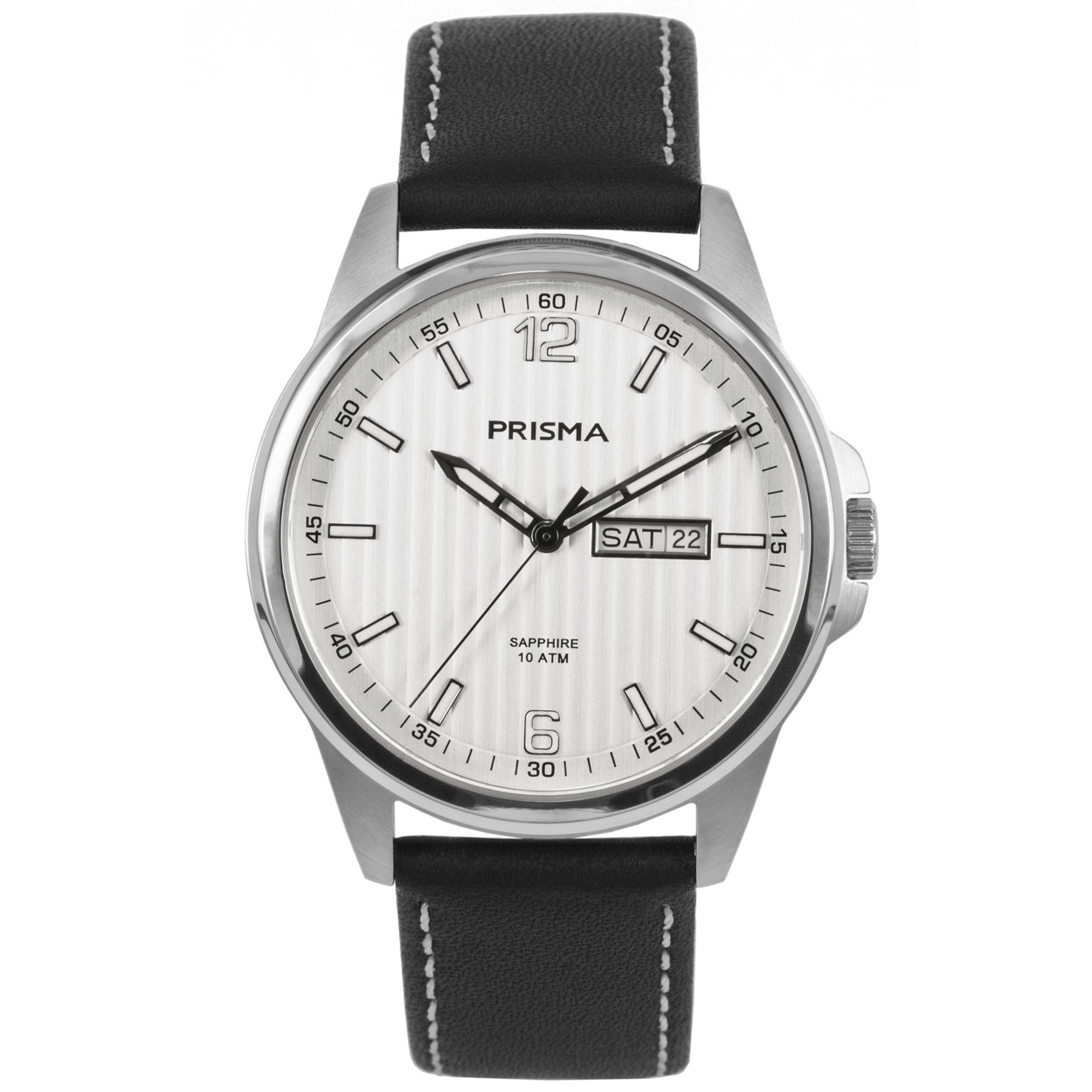 Prisma heren P.1660 horloge edelstaal saffierglas 10 ATM 		
		
Algemeen		
Geslacht: heren		
Model: P.1660		
		
Voordelen		
- band echt leer zwart (wit kleurig stiksel)		
- wijzerplaat zilver met zilvere streepjes		
- boven gem. waterdicht:zwemmen/duiken		
- glas is zeer krasvast		
- dagveld		
- wijzers en index lichten op in donker		
- maat kast 39mm (breedte) 10mm (dikte)		
		
Product achtergrond		
Het leven is een reis. Dat klinkt een beetje clich&#233;, maar het is wel waar. Staniet elke dag op met het idee dat het leven nog beter is in 10 of 20 jaar. Geniet en wees dankbaar voor vandaag, want het leven is echt een reis. Deze collectie onderstreept het typische Prisma gevoel. Een horloge van hoge kwaliteit met lederen band,titanium kast, krasvrij saffierglas en 10 ATM waterdicht. Een fantastisch uurwerk om elke dag met blijdschap te dragen.		
		
		
		

