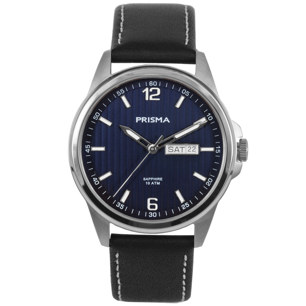 Prisma heren P.1661 horloge edelstaal saffierglas 10 ATM 		
		
Algemeen		
Geslacht: heren		
Model: P.1661		
		
Voordelen		
- band echt leer zwart (wit kleurig stiksel)		
- wijzerplaat blauw met zilvere streepjes		
- boven gem. waterdicht: zwemmen/duiken		
- glas is zeer krasvast		
- dagveld		
- wijzers en index lichten op in donker		
- maat kast 39mm (breedte) 39mm (dikte)		
		
Product achtergrond		
Het leven is een reis. Dat klinkt een beetje clich&#233;, maar het is wel waar. Sta niet elke dag op met het idee dat het leven nog beter is in 10 of 20 jaar. Geniet en wees dankbaar voor vandaag, want het leven is echt een reis. Deze collectie onderstreept het typische Prisma gevoel. Een horloge van hoge kwaliteit met lederen band,titanium kast, krasvrij saffierglas en 10 ATM waterdicht. Een fantastisch uurwerk om elke dag met blijdschap te dragen.		
		
		
		
