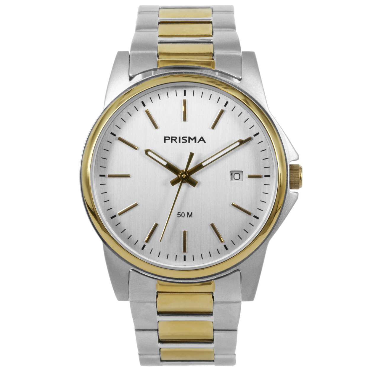 Prisma horloge P.1697 heren edelstaal 5 ATM 

Algemeen
Geslacht: heren
Model: P.1697

Voordelen
- band edelstaal zilver/goudkleurig (bicolor)
- wijzerplaat zilver met goudenkleurige streepjes
- naadloze aansluiting door vrij verstelbare sluiting
- wijzers lichten op in donker
- datum
- spat waterdicht: handenwassen, regen
- quartz
- maat kast 38mm (breedte) 9,3mm (dikte)