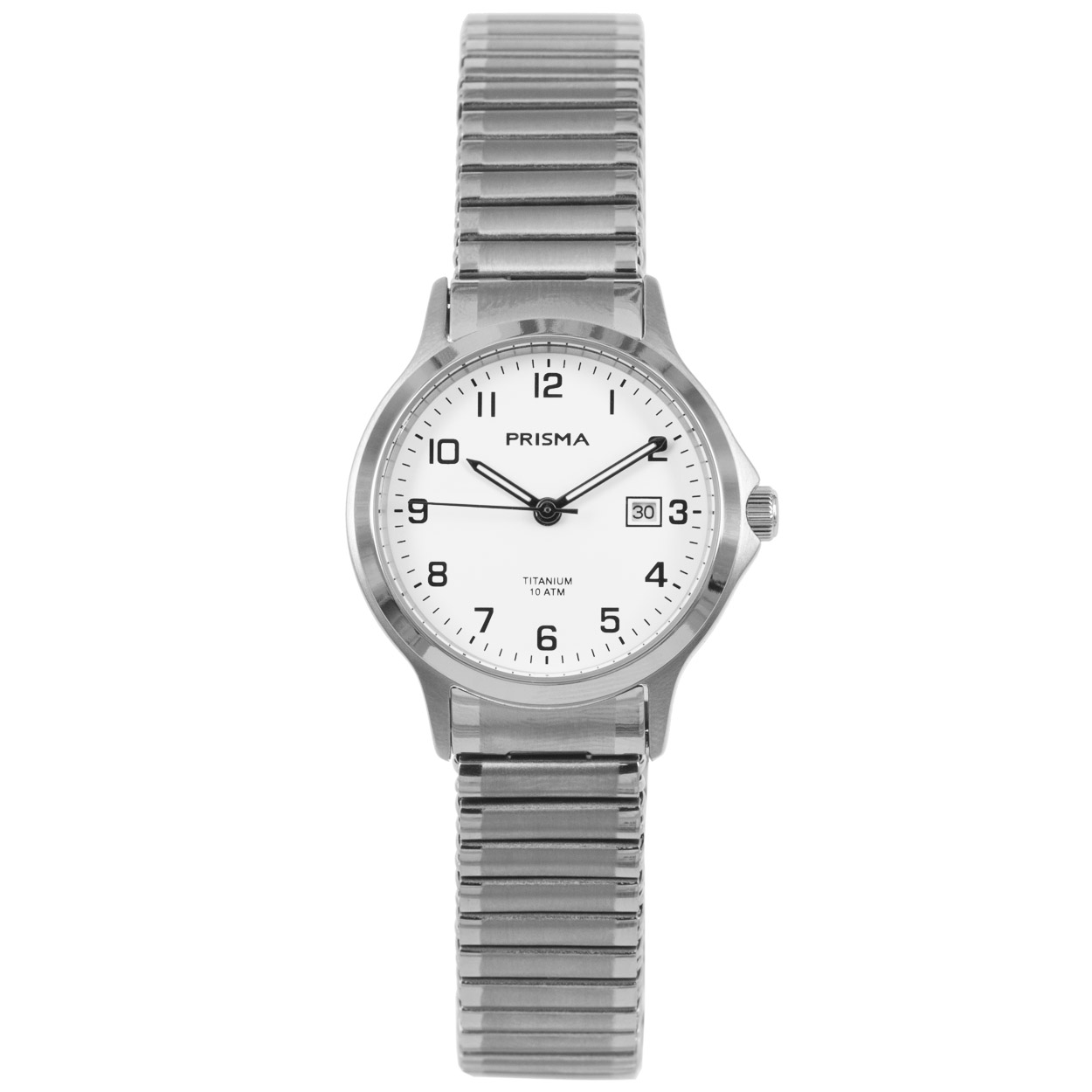 Prisma P.1716 dames horloge titanium 10 ATM 		
		
Algemeen		
Geslacht: dames		
Model: P.1716		
		
Voordelen		
- rekband sluit naadloos aan op de huid		
- band titanium zilver		
- wijzerplaat wit met zwarte cijfers (arabisch)		
- geschikt voor mensen met een allergie		
- draagcomfort door licht gewicht		
- boven gem. waterdicht: zwemmen/duiken		
- wijzers lichten op in donker		
- quartz		
- maat kast 29mm (breedte) 8,6mm (dikte)	
		
