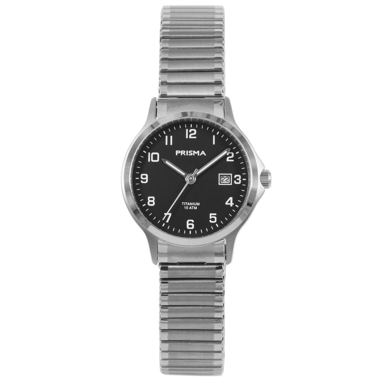 Prisma P.1717 dames horloge titanium 10 ATM 		
		
Algemeen		
Geslacht: dames		
Model: P.1717		
		
Voordelen		
- rekband sluit naadloos aan op de huid		
- band titanium zilver		
- wijzerplaat zwart met witte cijfers (arabisch)		
- geschiktvoor mensen met een allergie		
- draagcomfort door licht gewicht		
- boven gem. waterdicht: zwemmen/duiken		
- wijzers lichten op in donker		
- quartz		
- maat kast 29mm (breedte) 8,6mm (dikte)		
		

