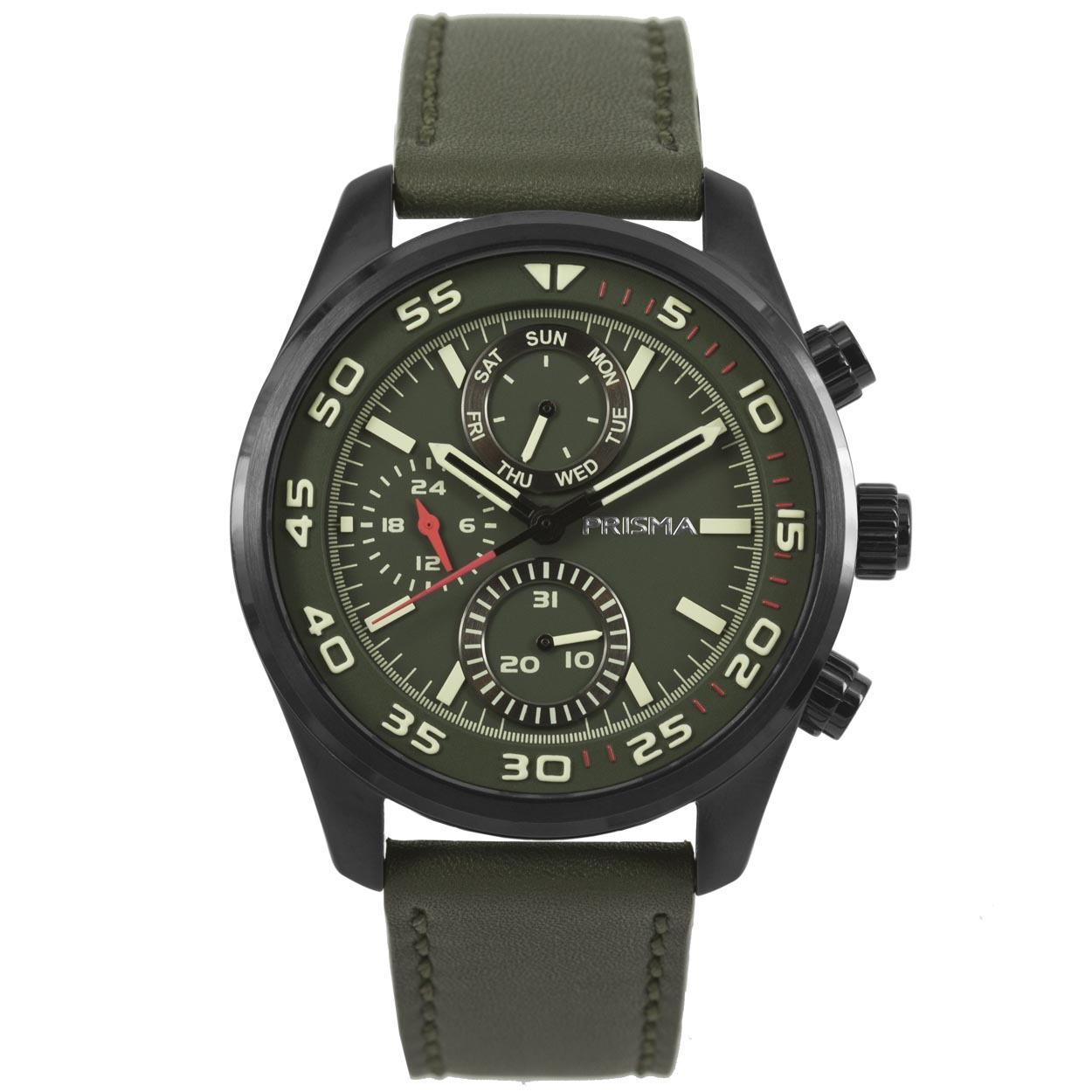 Algemeen
Geslacht: heren
Model: P.1827

Prisma 1827 heren horloge 

- band echt leer groen (groen kleurig stiksel)
- multi-functie
- wijzerplaat groen met  streepjes
- extra harde duurzame laag
- ook voor brede pols (max. 228 mm)
- 24 uurs aanduiding
- datum wijzer
- quartz
- maat kast 44mm (breedte) 11,3mm (dikte)