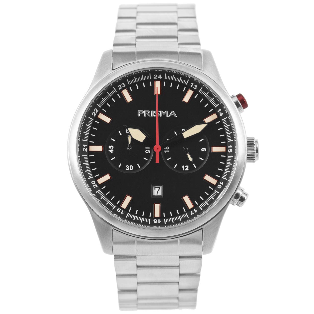 Prisma 1840 heren chronograaf horloge edelstaal 5 ATM 		
		
- band edelstaal zilver		
- Chronograaf		
- wijzerplaat zwart met beige opgelegde streepjes		
- ook voor brede pols (max. 230 mm)		
- 24 uurs aanduiding		
- dagwijzer		
- spat waterdicht: handenwassen, regen		
- quartz		
- maat kast 44mm (breedte) 12mm (dikte)