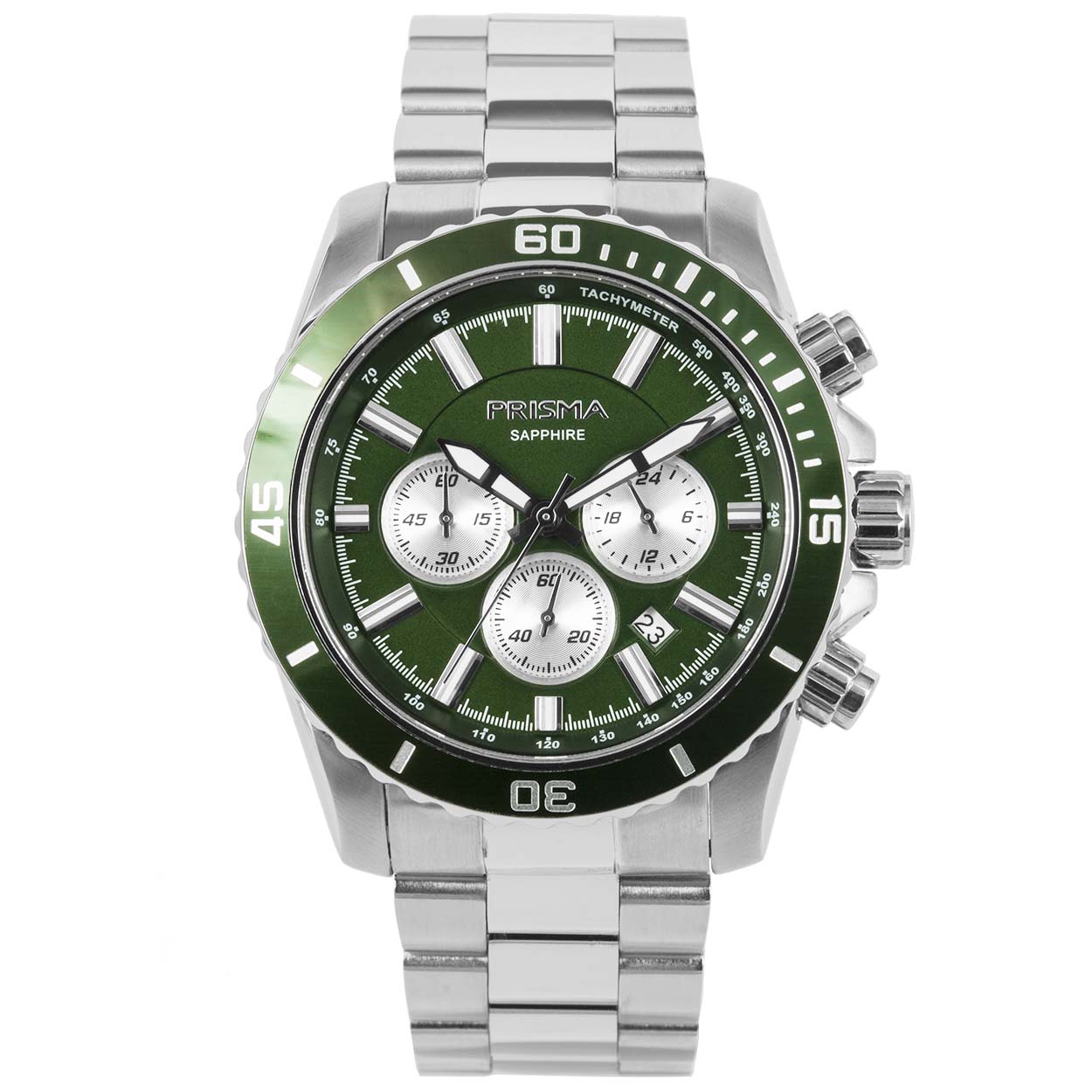 Prisma horloge P.1881 heren chronograaf edelstaal saffierglas 10 ATM 

Algemeen
Geslacht: heren
Model: P.1881

Voordelen
- band edelstaal zilver
- chronograaf/stopwatch
- wijzerplaat groen met zilvere streepjes
- boven gem. waterdicht: zwemmen/duiken
- glas is zeer krasvast
- ook voor brede pols (max. 247 mm)
- 24 uurs aanduiding
- quartz
- maat kast 46mm (breedte) 12mm (dikte)
