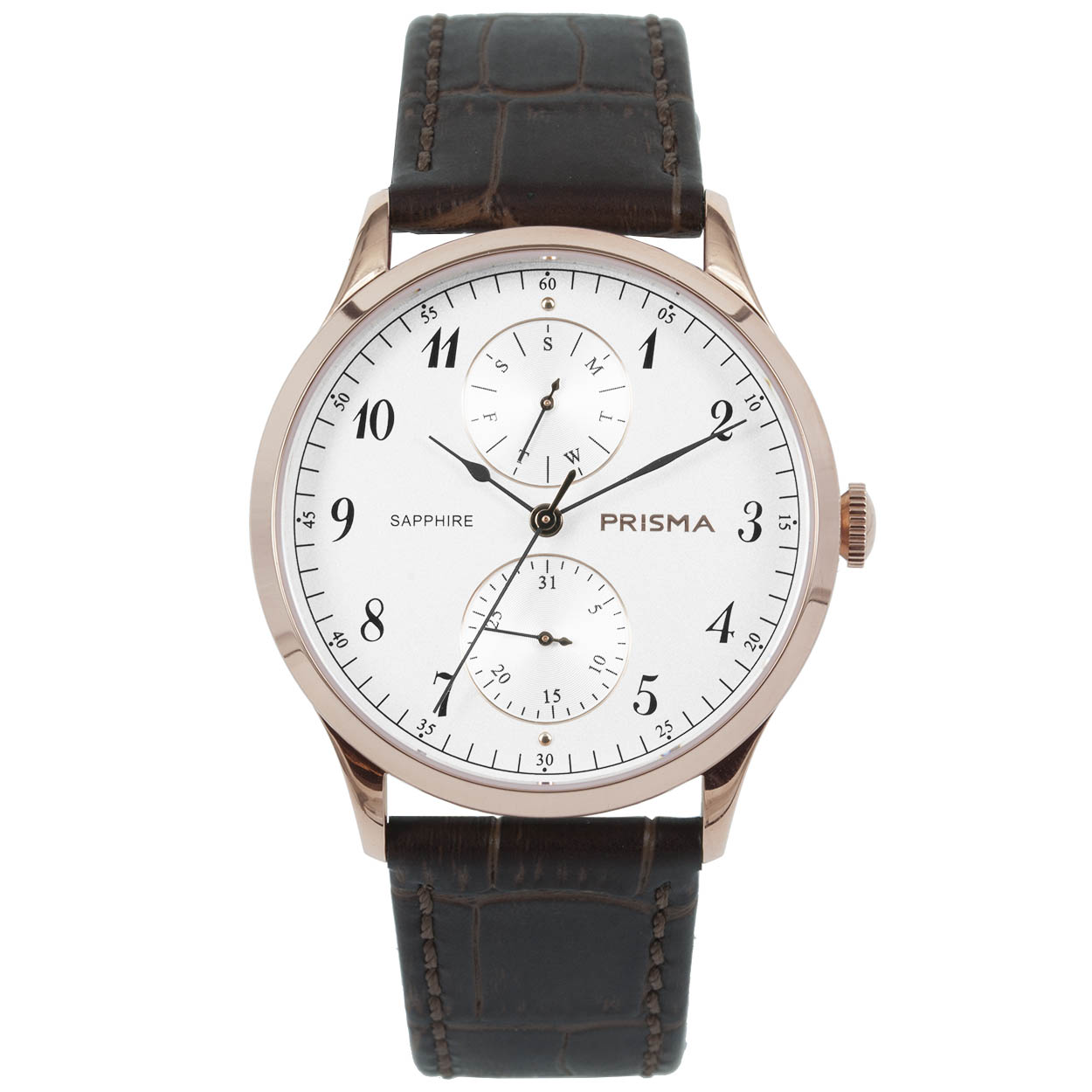 Prisma herenhorloge multifunctioneel, rose'edelstaal, saffierglas 5 ATM waterdicht 
Algemeen
Geslacht: heren
Voordelen
- band echt leer bruin (bruin kleurig stiksel)
- multi-functie
- wijzerplaat zilver met zwarte cijfers (arabisch)
- glas is zeer krasvast
- ook voor brede pols (max. 227 mm)
- datum wijzer
- dagwijzer
- quartz
- maat kast 41mm (breedte) 9,7mm (dikte)