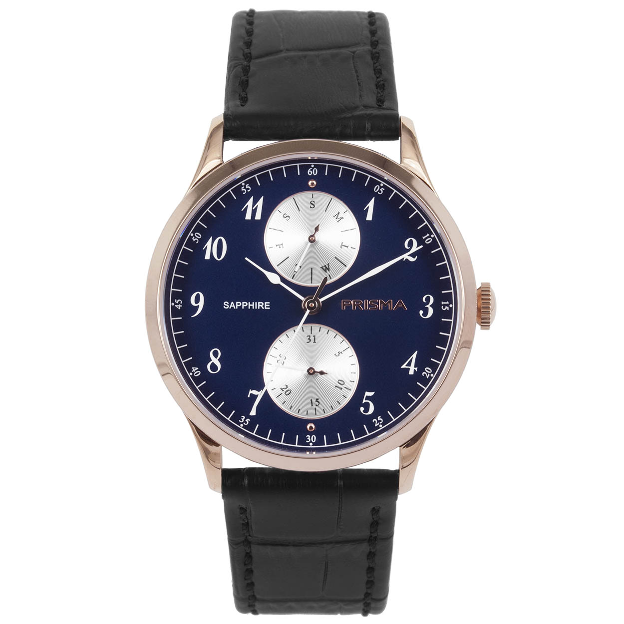 Prisma horloge P.1903 heren multifunctie edelstaal saffierglas 5 ATM 

Algemeen
Geslacht: heren
Model: P.1903

Voordelen
- band echt leer zwart (zwart kleurig stiksel)
- multi-functie
- wijzerplaat blauw met witte cijfers (arabisch)
- glas is zeer krasvast
- ook voor brede pols (max. 227 mm)
- datum wijzer
- dagwijzer
- quartz
- maat kast 41mm (breedte) 9,7mm (dikte)