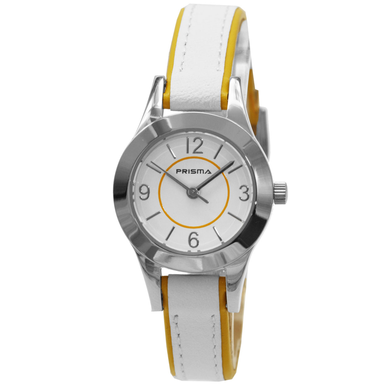 P.2588
- Kast Breedte: 25mm
- Kast dikte: 7.5mm
- Kast materiaal: Edelstaal
- Uurwerk: Miyota 
- Glas type: Mineraal
- Waterdichtheid: 3 bar
- Horlogeband: Wit leder met gele streep en gespsluiting. 
- Maat aansluiting band: 10mm
- Wijzerplaat: Witte wijzersplaat met zilvere aanduidingen
- Licht functie: Nee
EAN: 8716667057104