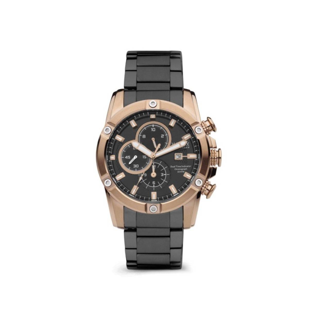 De Young Rebel Big Boy, het horloge dat jou rebelse kant ondersteunt. Zijn schitterende, stoere kast van 46 mm haalt het speelse in je naar boven. De ros&eacute;-gouden roestvrijstalen kast is massief en past perfect om de pols van een Young Rebel!

Zijn stijlvolle zwarte wijzerplaat bevat verschillende chronograaf functies, waaronder een stopwatch en een datum aanduiding. De massieve multifunctionele kast past perfect om de pols door zijn losse schakelband die eenvoudig op maat te maken is.

De Young Rebel is gemaakt om samen met zijn eigenaar rebelse paden te bewandelen. Zo is het horloge 10 ATM waardoor je er eenvoudig mee het water in kan. Besluit jij in een rebelse nacht het water in te springen, ook dan zal je Young Rebel je door zijn lichtgevende wijzers ten alle tijden op de hoogte houden van de tijd.

Zo zorgt VNDX ervoor dat Young Rebels nooit te laat zijn nieuwe herinneringen te cre&euml;ren.