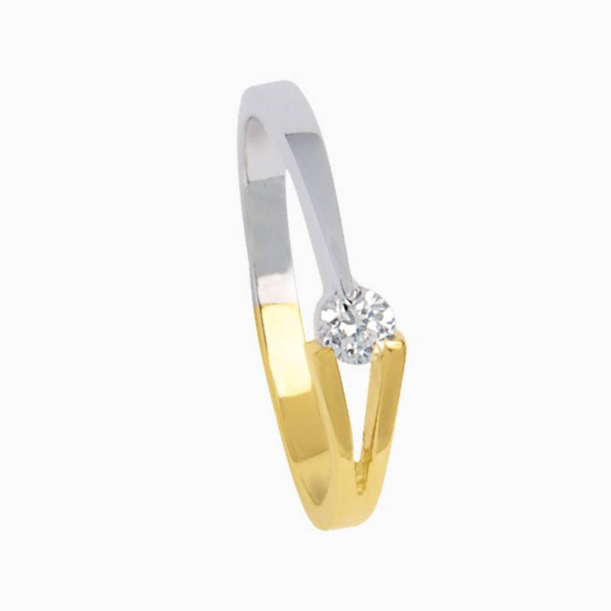 De 14krt Eclat wit/geelgouden Ring V-ring, model V-R3/0.03, is een elegante ring van 14 karaat goud, perfect voor elke gelegenheid. De ring is versierd met een briljante diamant van 0,03ct met kleur G en zuiverheid VVS1. Draag het op maat 55 voor een verfijnde en stijlvolle look. Perfect als statement stuk of in combinatie met andere sieraden.