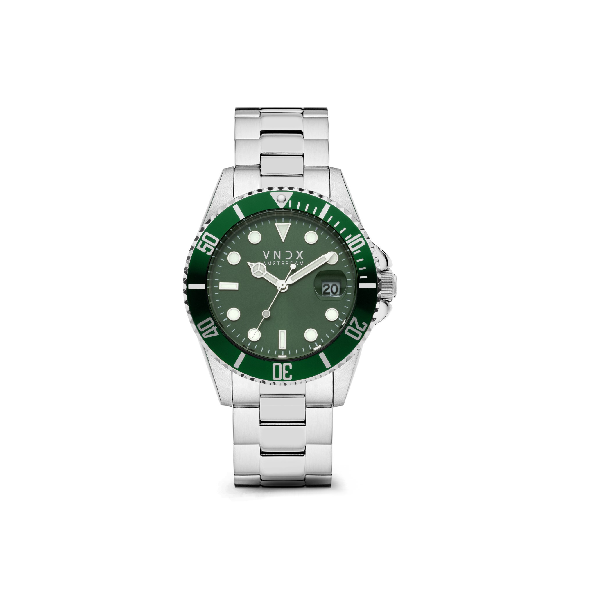 De Amsterdam Luxury, zijn klassieke luxueuze uitstraling verzorgt de klasse van je outfit. Zijn kast met een diameter van 42 mm, is de perfecte afmeting voor een gemiddelde mannenpols. Door de losse schakelband is het eenvoudig, het horloge perfect af te stellen op jouw pols.

De Amsterdam Luxury is voorzien van een klassieke wijzerplaat met datum aanduiding. Hierdoor hoef jij geen enkele afspraak, date of feestje meer te missen. Ook is de Amsterdam Luxury voorzien van een draaibare lunette, zo kun je meer controle nemen over je eigen tijd.

Kom jij tot leven in het bruisende nachtleven van Amsterdam?! Ook dan is de Amsterdam Luxury er voor je om te zorgen dat je nooit te laat bent. Je Amsterdam Luxury is voorzien van lichtgevende wijzers, die zorgen voor een “Glow in de dark” effect wanneer je losgaat in de Amsterdamse clubs.

Zo zorgt VNDX er met je Amsterdam Luxury voor dat je Never Too Late bent!