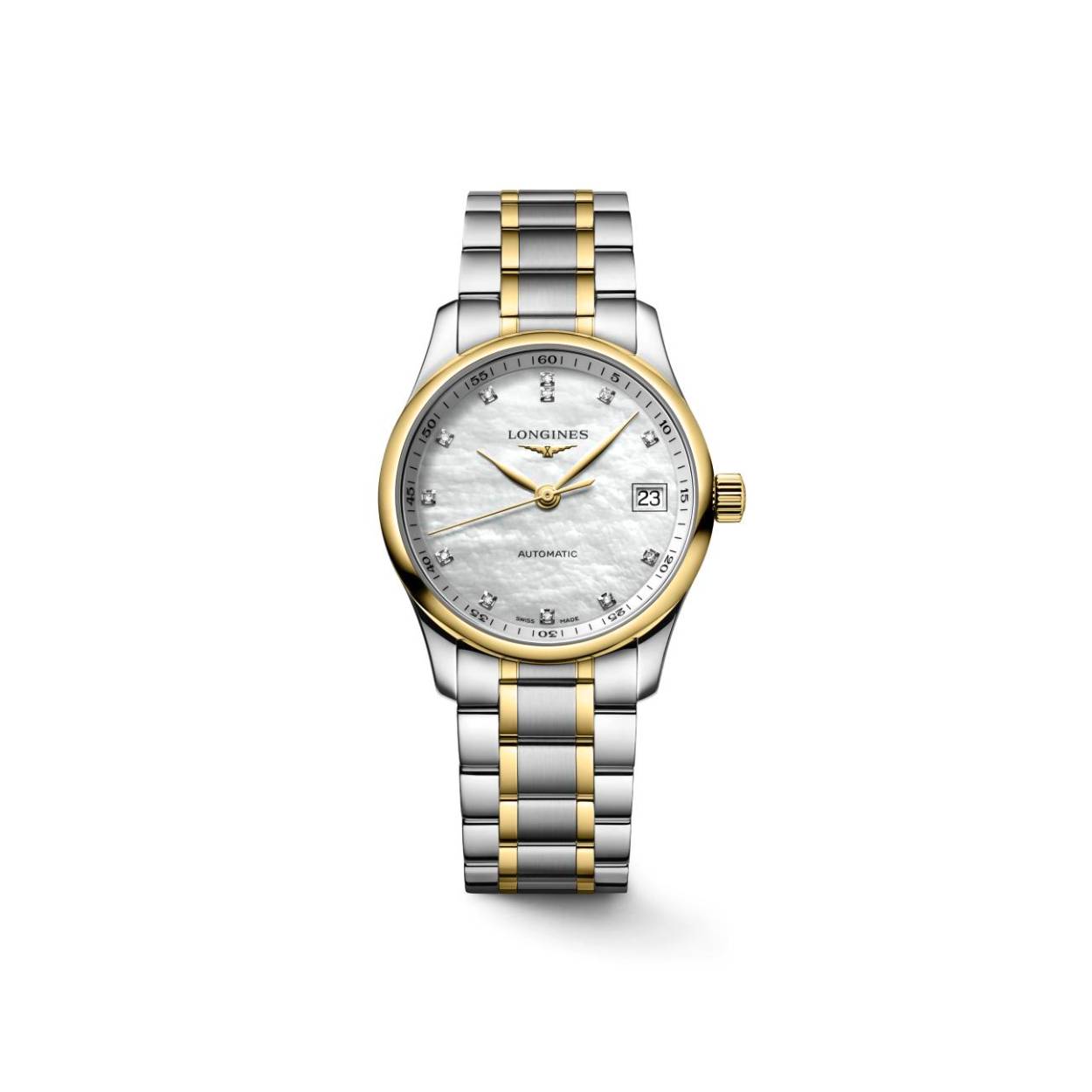 Dit Longines horloge behoort tot de The Master collectie.
Referentienummer: L2.357.5.87.7

De Longines is voorzien van een automatisch kaliber L888 uurwerk met een gangreserve van 72 uur. De kast en band zijn gemaakt van roestvrij staal met een 18 karaats gouden cap. Het horloge heeft een diameter van 34 mm en is getest op een waterdichtheid van 3 ATM / 30 meter. De witte mother-of-pearl wijzerplaat is voorzien van 12 top-wesselton VS-SI diamanten met een totaal van 0.055ct.Het horloge heeft een krasbestendig saffierglas met meerdere lagen anti-reflecterende coating aan beide zijden

Horloges van Longines met automatische uurwerken genieten van een verlengde fabricagegarantie van 5 jaar. Deze langere garantieperiode onderstreept de uitzonderlijke kwaliteit en het vakmanschap van de automatische uurwerken van Longines.
