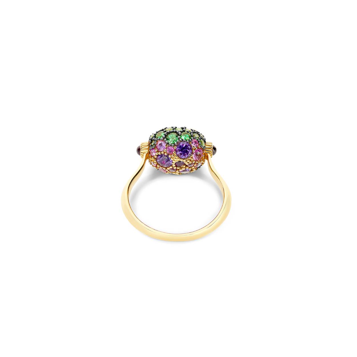 Met omgekeerde ringen combineert luxe de dynamiek van creativiteit, inventiviteit en verrassing: met een simpele draai laat deze 18-karaats gouden ring zijn kostbare dubbelganger zien! De achterkant wisselt een centrale doublette met groene labradoriet en roccakristal af met een pavé van roze saffieren, amethisten, groene saffieren en tsavorieten. Een weelderig lichtspel dat je elke keer dat je hem draagt ​​zal verrassen.

Nanis reverse ring 18kt goud met amethyst 0.41ct, Labradorite 0.95ct,  Rhodolite 0.13ct, Tsavorite 0.34ct, green sapphire 0.50ct, pink sapphire 0.27ct