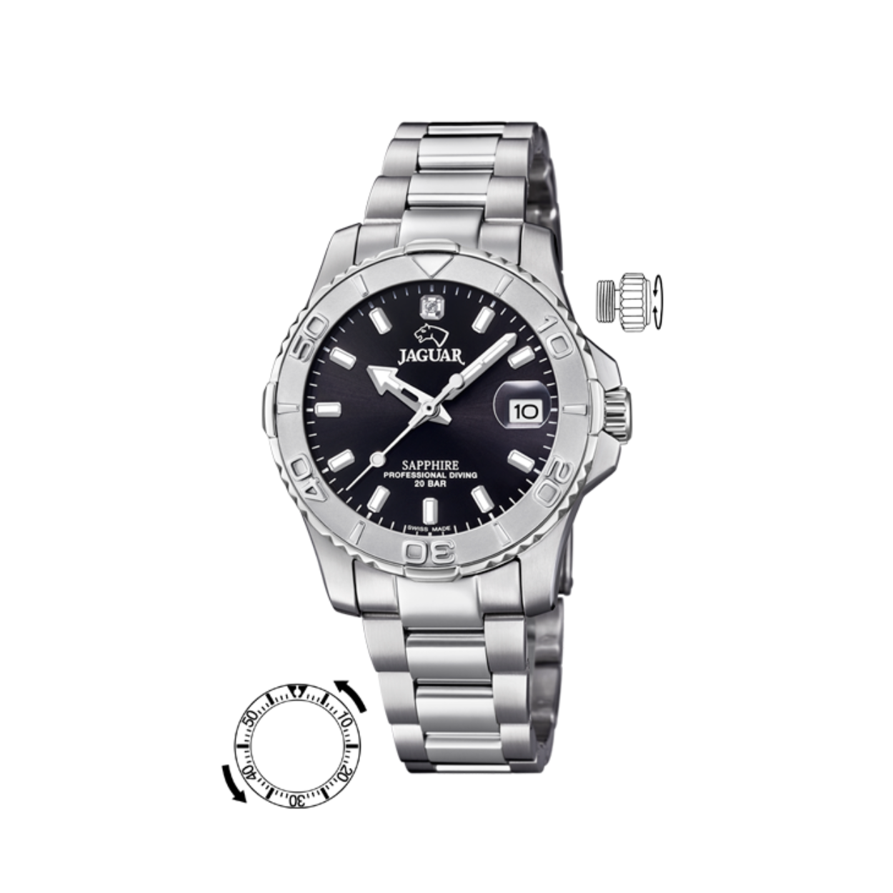 Jaguar horloge dames staal blauw, saffier glas en Zwitsers binnenwerk.