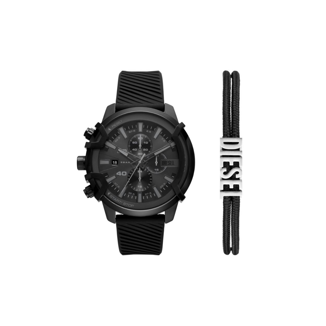 Stoer Diesel horloge met een skull in de wijzerplaat. Het horloge heeft een zwarte leren band en een zwarte kast