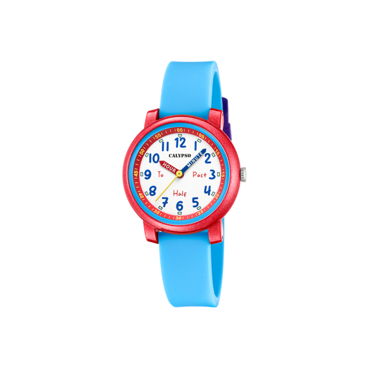 Een stoer kinderhorloge waarmee ze nooit meer te laat komen!
Kunststof kast met een rubber band en aangeduid met arabische cijfers. Tot wel 5 ATM waterdicht.