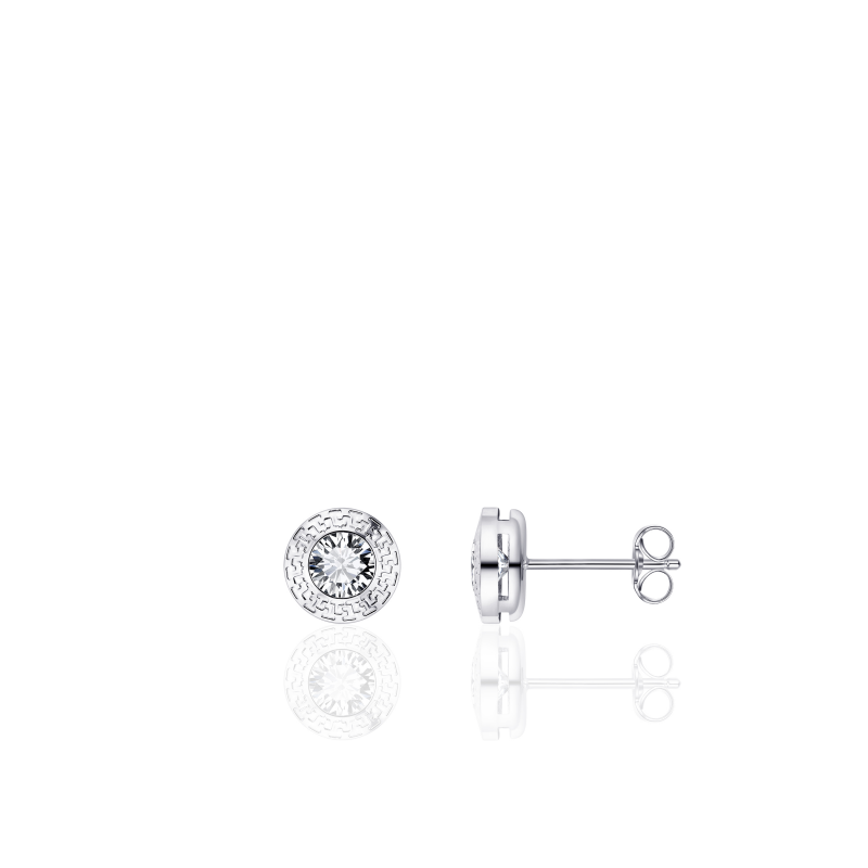 14k witgouden oorknop met zirkonia 4mm, zirkonia is gezet in een zetkast met meander bewerking.