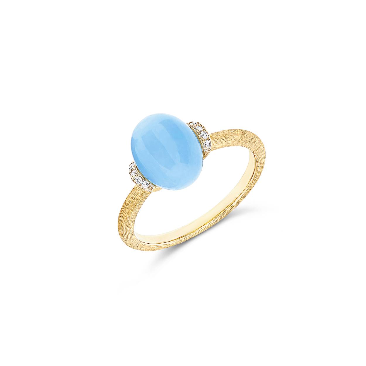 Verfijnde ring van 18-karaats geelgoud, met de hand gegraveerd met de burijntechniek en bekroond met delicate revières van diamanten en melkachtig aquamarijn. Een juweel dat zich kenmerkt door een lichte elegantie en altijd bij u past.