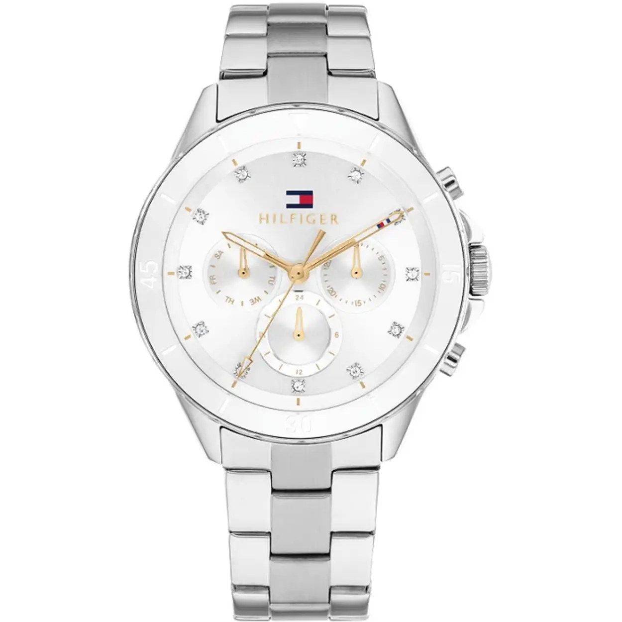 Tommy Hilfiger TH1782707 Horloge Dames Staal Zilverkleurig 40mm
Dit specifieke horloge van Tommy Hilfiger uit de Mellie serie met artikelnr: TH1782707 is een luxe sportief dameshorloge die niet in je collectie mag ontbreken. Het stalen dameshorloge heeft een ronde zilverkleurige kast met een witte ceramic bezel en een witte sunray wijzerplaat met dag, - datum,- en 24-uursaanduiding. De uren worden weergegeven met kristallen. De zilverkleurige schakelband is op lengte verstelbaar en heeft een vouwsluiting. Het horloge heeft een mineraalglas, een doorsnee van 40mm en is 5ATM.  

Het merk:
Sinds de lancering van het merk in 1985 is Tommy Hilfiger wereldwijd bekend geworden als pionier van de klassieke Amerikaanse coole stijl. Ge&iuml;nspireerd door de iconische popcultuur en het Amerikaanse erfgoed. De dames en herencollectie van dit seizoen bestaan uit minimalistische silhouetten en rustieke lederen details. De herenhorlogecollectie biedt iconische uurwerken met roestvrijstalen, lederen en siliconen banden.

Specificaties:
- Mineraalglas
- Ronde kast 40mm
- Zilverkleurige horlogekast
- Witte wijzerplaat met kristallen
- Zilverkleurige schakelband 
- 5ATM