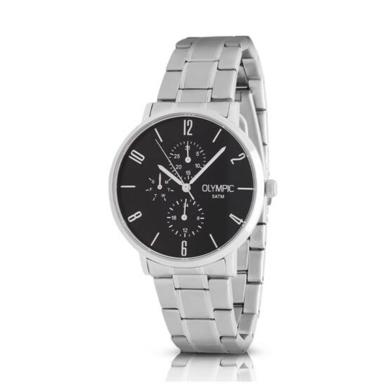 Olympic OL89HSS076 Tobias Horloge Heren Staal 40mm 
Dit unieke Olympic horloge met artikelnummer: OL89HSS076 is een heren horloge met een nette uitstraling. De stalen kast heeft een gladde bezel en een zwarte wijzerplaat met een dag,- datum,- en 24-uursaanduiding. De uursaanduiding is verfijnd met zilverkleurige strepen en enkele cijfers. Dit geeft het horloge een chique uiterlijk. Aan de stalen kast zit een stalen schakelband met een vouwsluiting. Het horloge heeft een mineraalglas, een doorsnee van 40mm en is 5ATM.

Waterdichtheid 5ATM
Dit horloge is bestand tegen water bij het zwemmen en douchen. Dit horloge is niet bestand tegen (grote) waterdruk dus je kunt er niet mee duiken.

Het merk:
Een mooi horloge hoeft niet duur te zijn! Het Nederlandse horlogemerk Olympic levert stoere chronografen, slimline series, digitale uurwerken en elegante dameshorloges. De prijs-kwaliteitverhouding staat bij Olympic hoog in het vaandel met prijzen die uiteenlopen van € 34,95 tot en met € 159,00.

100% Nederlands ontwerp, waterdicht en standaard 3 jaar fabrieksgarantie.

Specificaties:
- Ronde kast Ø 40mm
- Stalen horlogekast
- Zwarte wijzerplaat
- Stalen schakelband
- 5ATM 
- Standaard 3 jaar fabrieksgarantie
- Mineraalglas