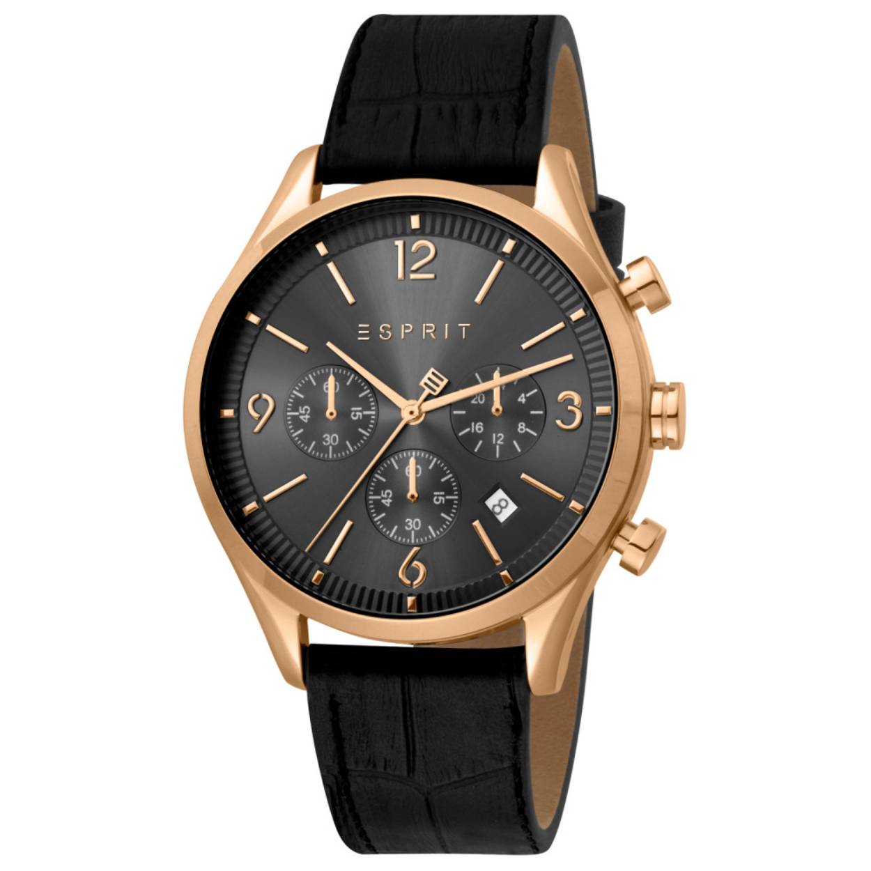 Dit heren horloge is van het merk Esprit. Het is een quartz horloge met een datum aanduiding. De band is gemaakt van lederen. De diameter van de kast is 42mm.