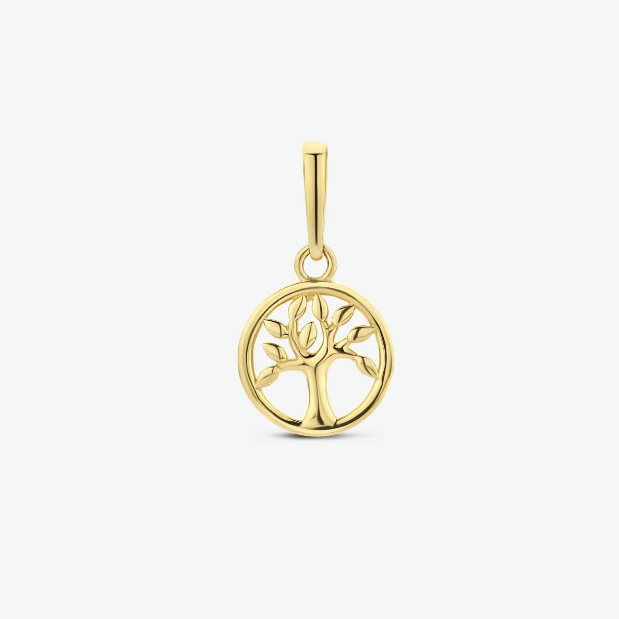 14k Geelgouden levensboom hanger. De hanger heeft een diameter van 7.6mm.