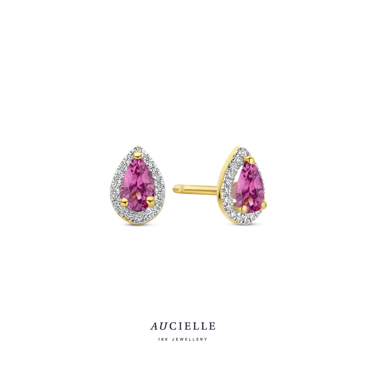 Aucielle oorstekers goud 18k entourage 0.06ct, pink garnet