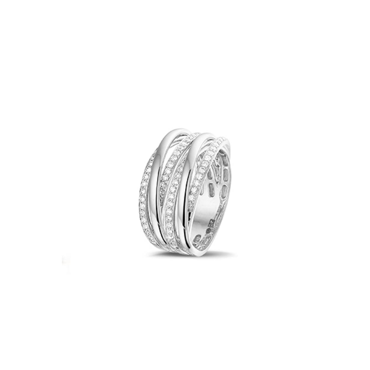 14 karaats witgouden 'cross over' damesring met totaal aan diamant 0.43 ct