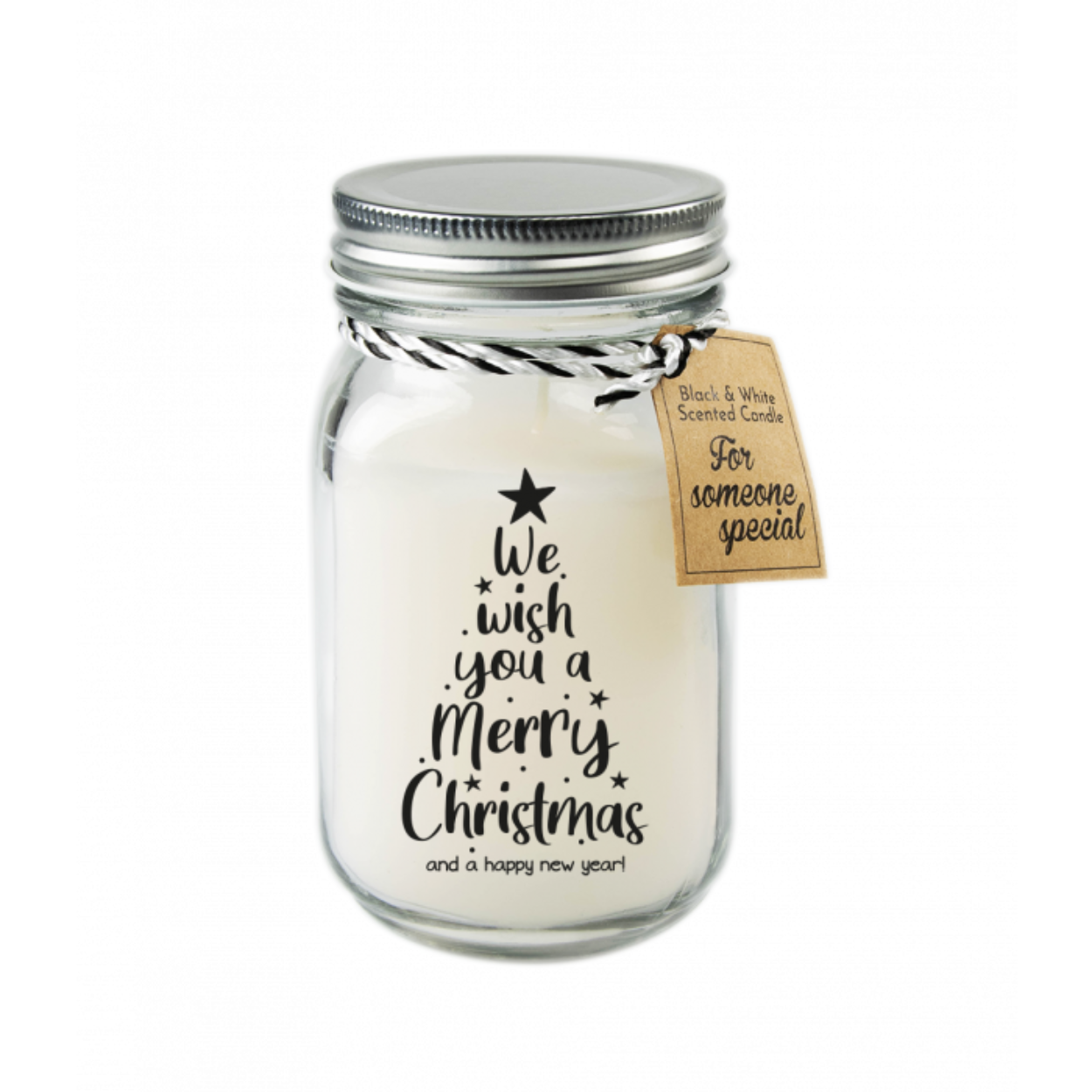 Deze black and white scented candle met tekst Merry christmas is verkrijgbaar in een mooie glazen pot, bevat 340 gram kaarsvet en heeft hierdoor ongeveer 80 branduren. Deze zwart witte geurkaarsen hebben een heerlijke vanille geur.
