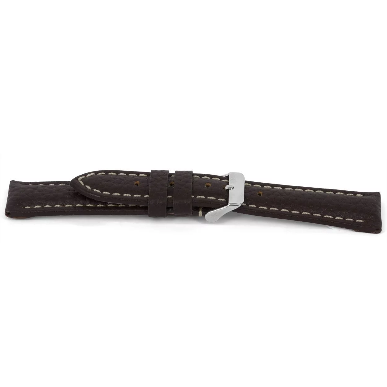 Kalfslederen horlogeband met zilverkleurig edelstalen gesp.
Kleur band: bruin
Band dikte: 5.8 - 3.8 mm 
Band lengte: 85/125mm (XL)
Band breedte: 24x22 mm
Gesp: Edelstaal
Bekleding binnenband: Nubuck leer
Gestikt: Ja, wit
Pushpin: Exclusief
Hypo allergisch: Ja
NFC Chip: Ja
EAN: 4782863038241
