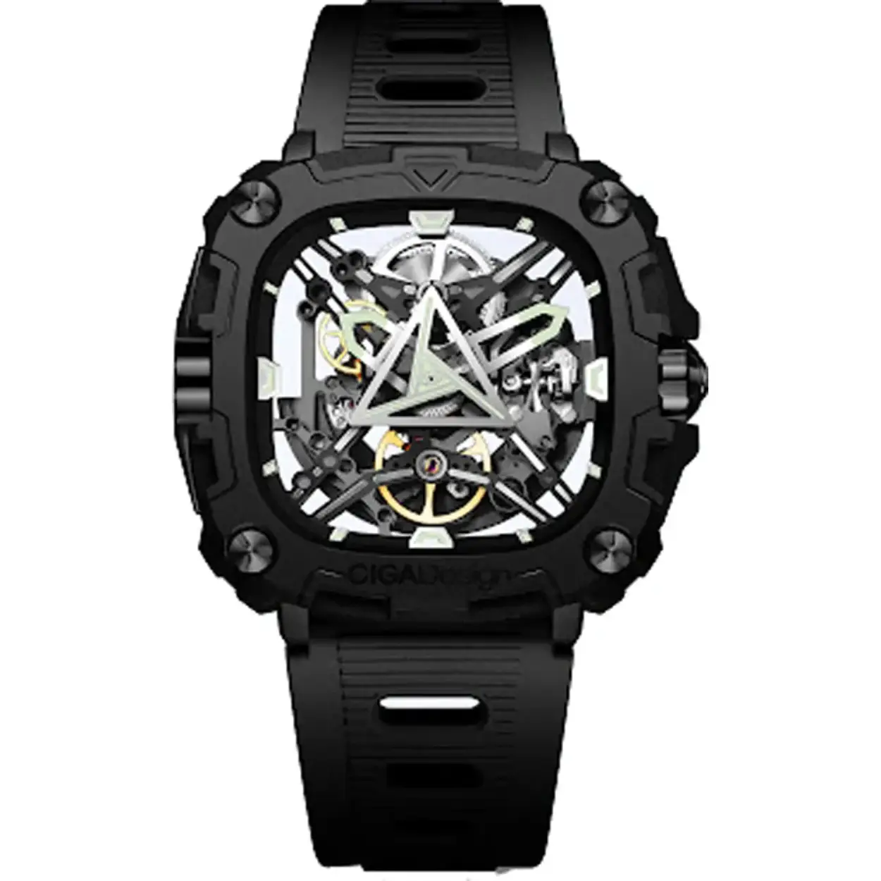 X Series Eye of Horus Black.
Het geskelleteerde binnenwerk heeft een X-vorm en is langs beide zijden volledig transparant. Het CD-01 kaliber heeft 150 onderdelen en heeft een zeer interessante mysterieuze look. In het donker lichten de wijzers bovendien op met een groene gloed. Het Oog van Horus is voorzien van een Obsidiaan juweel in de kroon. Obisiaan, bekend om zijn beschermende en helende krachten, is gemaakt om de drager te beschermen tegen de luidruchtige buitenwereld. Het binnenwerk heeft een gangreserve van +- 40 uur en windt op via beweging van de pols.