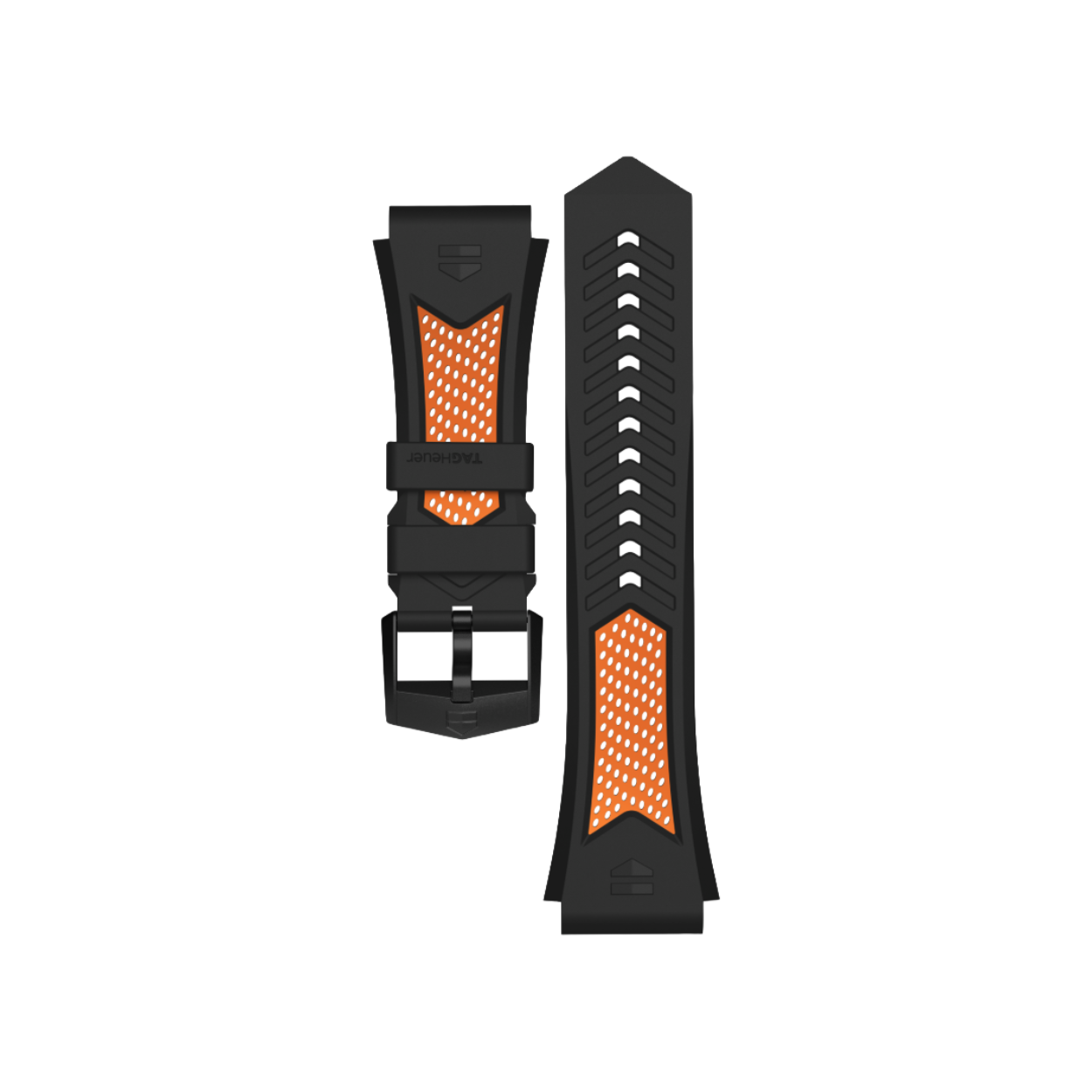 Volg uw sportieve sessie en zet de grenzen verder met deze high-end, ergonomische oranje en zwarte sportband met bijpassende zwarte staalpin sluiting. Op maat gemaakt voor u, is deze luxe armband geschikt voor elk TAG Heuer Connected Calibre E4 horloge model van 45mm.