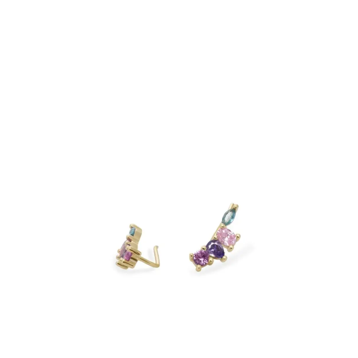 Silver climbing earrings for women. Jewelry with personality. Gold plated sterling silver earrings made up of a purple round cut adamantine quartz, a lilac pear cut, a pink oval cut and a green marquise cut. Endless range of options.