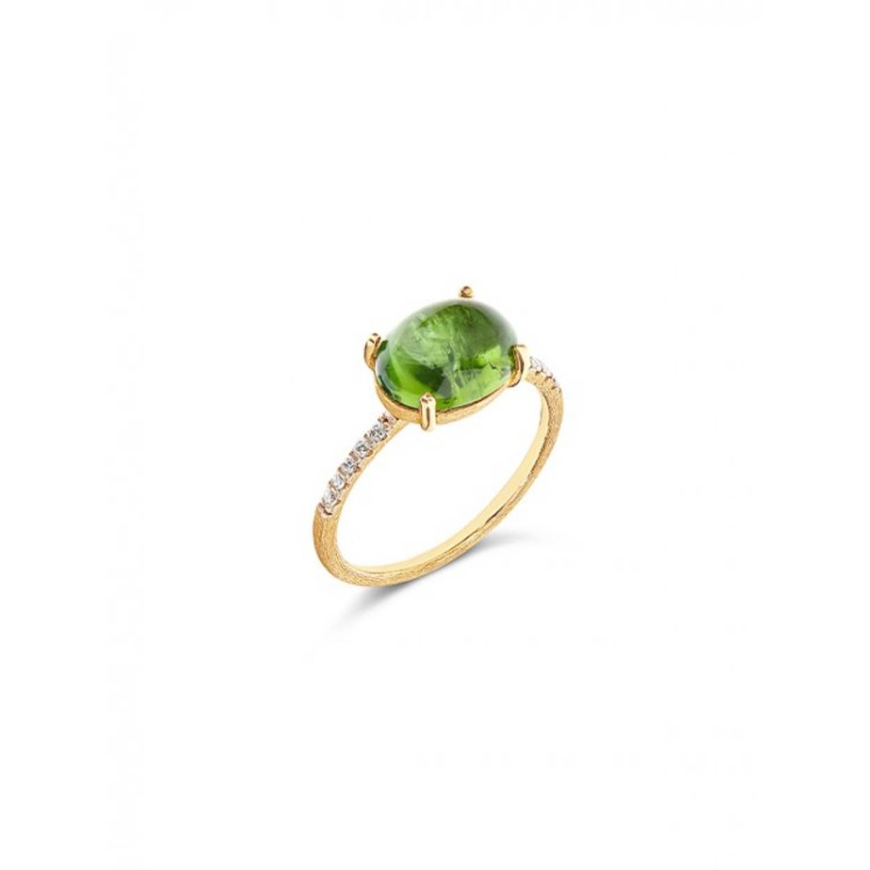 De groene toermalijn, een van de meest fascinerende stenen in de natuur, wordt in deze ring met minimalistische elegantie omarmd door diamanten en 18-karaats goud. Een vleugje kleur om aan je vinger te dragen!

Geel gouden ring 750 met diamant 0.09ct en groene toermalijn,