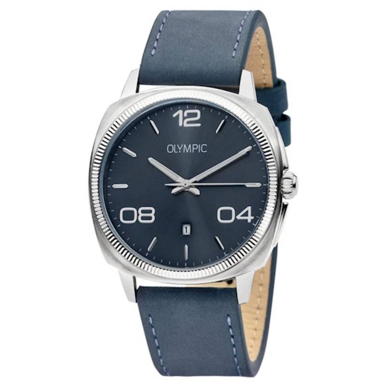 Heren horloge van het merk Olympic. Uitgevoerd met een blauwe lederen band. 