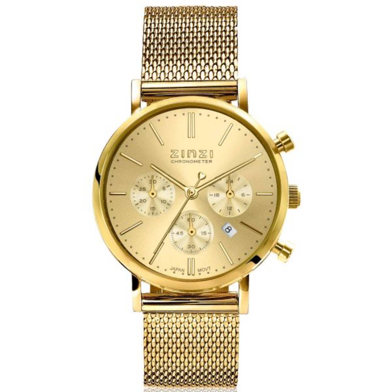 Dit nieuwe sportieve Zinzi Chronometer horloge heeft een elegant formaatje (34mm). Met een stalen goudkleurige ronde kast en op de goudkleurige 'sunray' wijzerplaat sieren 3 chronograph meters. De stopwatch is makkelijk te bedienen en geeft het horloge een stoere uitstraling om de pols. Met datum-aanduiding. Deze Chrono is voorzien van een trendy stalen mesh band in de kleur goud. Ook 5atm waterbestendig (tegen regen en spatwater) en met sterk mineraal glas.