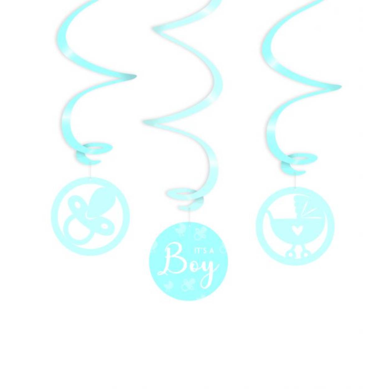 Een geboortefeestje kan niet zonder deze swirl decorations en deze met opdruk It's a boy! maakt het feestje echt af! Deze unieke baby blauwe swirls zijn gemaakt van plastic en papier en zijn ongeveer 17 centimeter lang. 