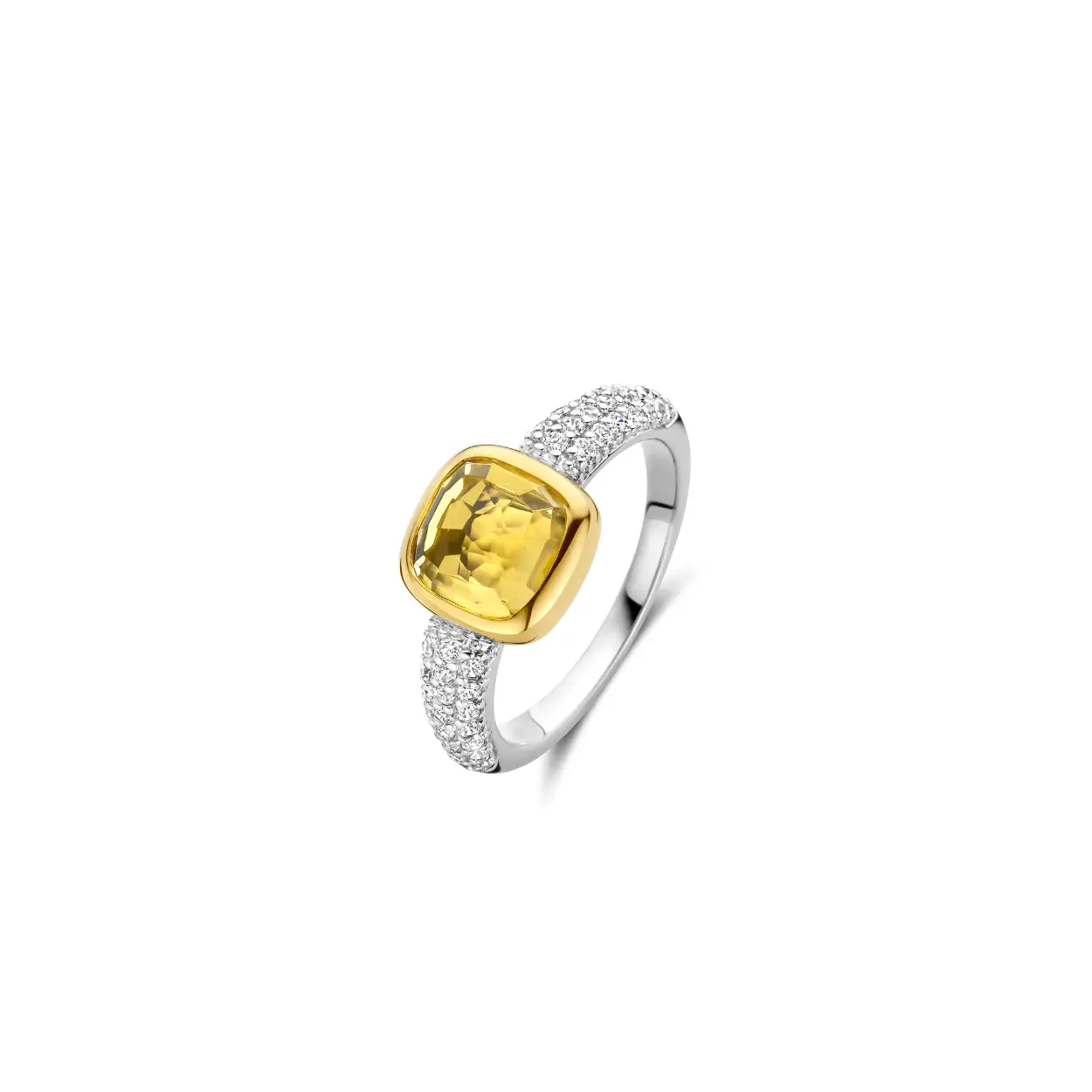 Zilveren ring met gele steen en zirconia