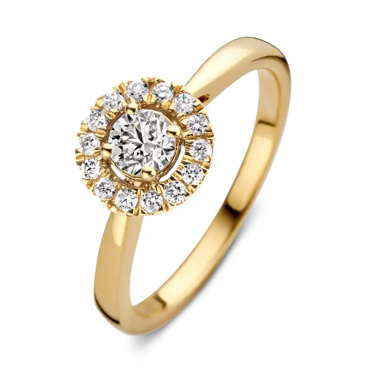My Style Diamonds 14krt geelgouden ring met diamant 0.22crt HSI. Dankzij haar stijlvolle en luxe uitstraling is deze geelgouden ring één van onze meest populaire ring modellen. De ring heeft een schitterende entourage zetting. De ronde middensteen (briljant geslepen) wordt hierbij omringd door kleinere briljanten.  De ring heeft een sierlijke verhoogde zetting, waardoor hij perfect gecombineerd kan worden met een gladde of diamanten rijring. Combineer deze entourage ring met  andere sieraden uit uw collectie
