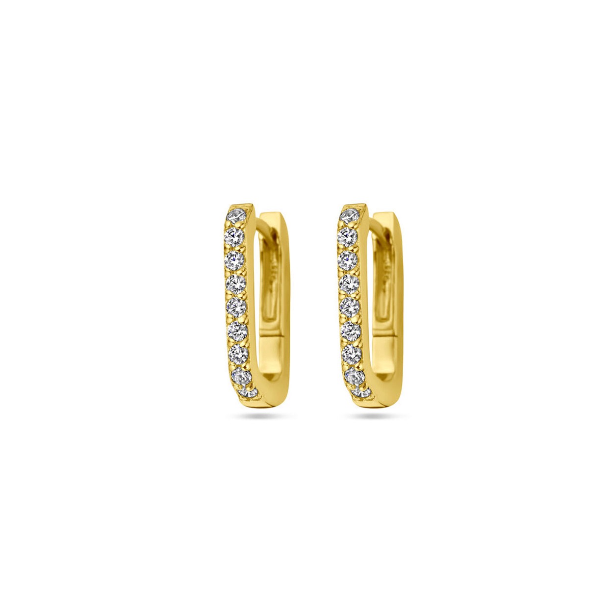 Geelgoud op 925 zilveren klapoorringen uitgevoerd met zirkonia. De klapoorringen hebben een afmeting van 15x2mm. Geen garantie op de plating.