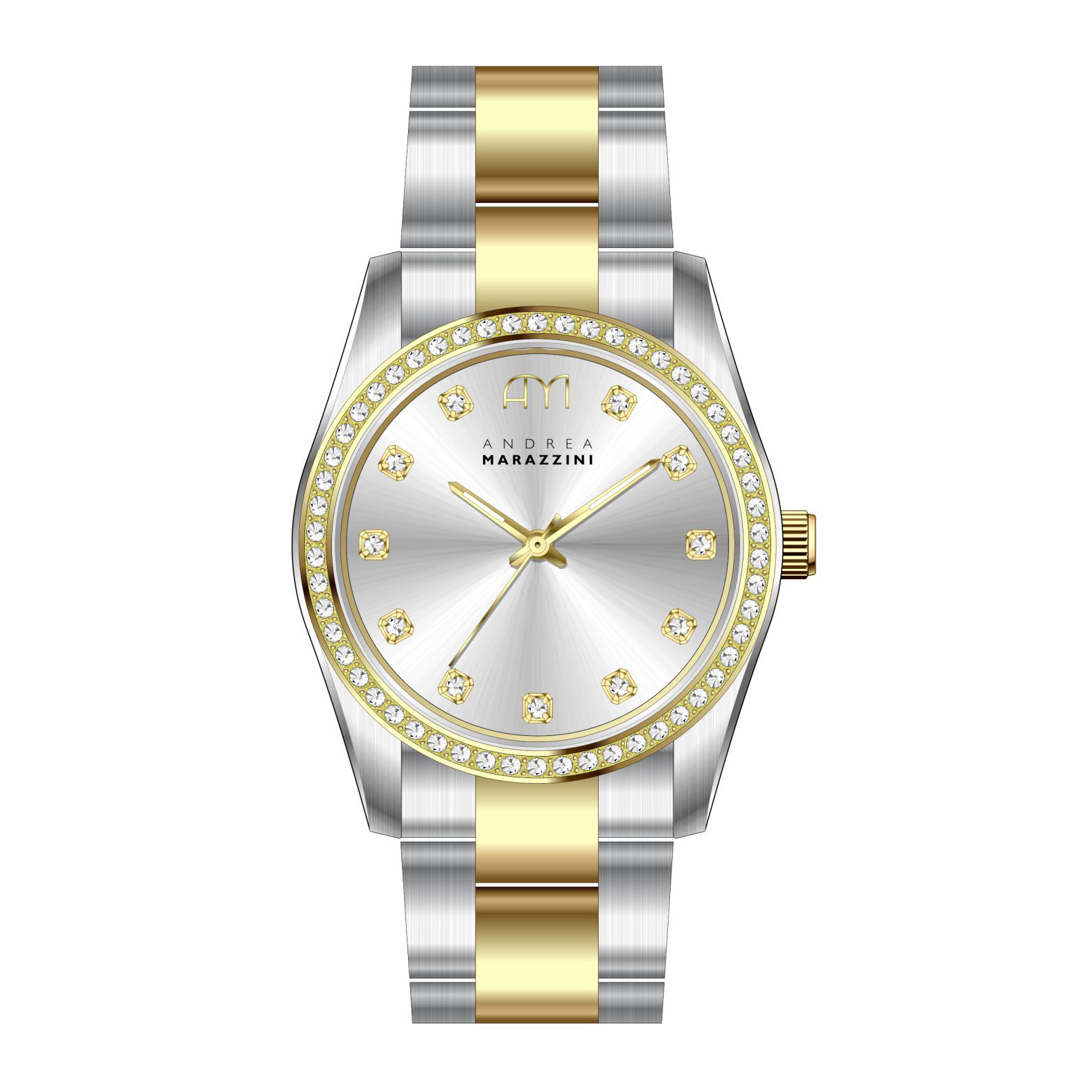 Silver Sunray Dial - Andrea Marazzini Watch van de Classe Collection.

Glanzende Stainless Steel band met witte stenen in het uurwerk.

5 ATM water resistant.