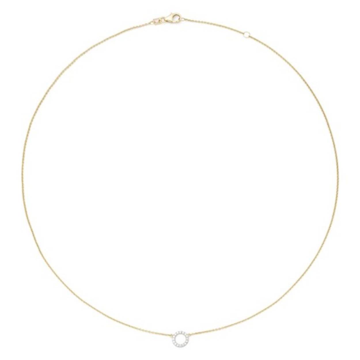 14k geelgouden collier in ankerschakel met in het midden een cirkel bezet met zirkonia steentjes