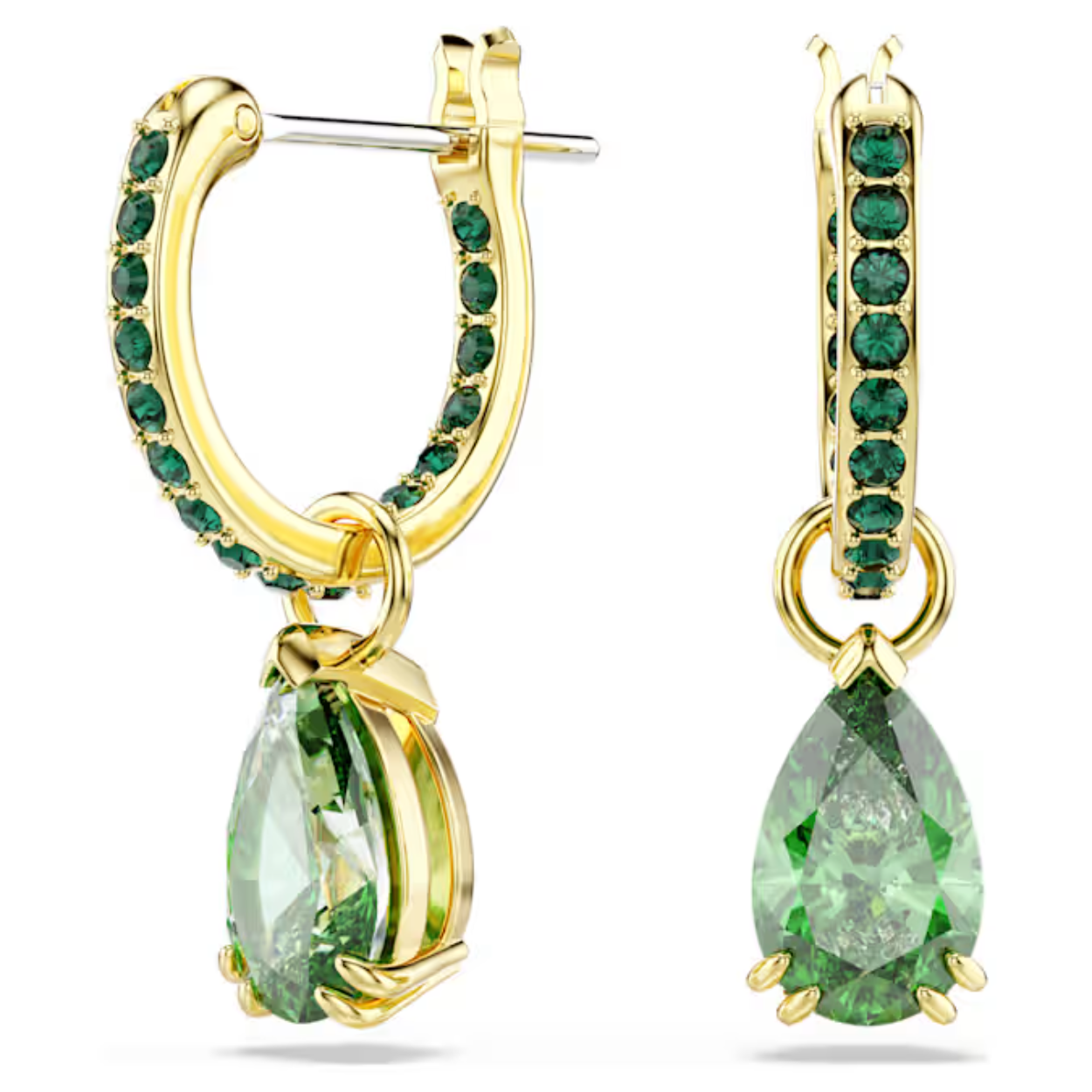 Deze oorbellen vangen het licht vanuit elke hoek en worden geheid uw nieuwe stijlfavoriet. Een groen kristal in Pear-slijpvorm hangt aan ringen met een goudkleurige toplaag, die zijn bezet met glinsterende groene pavé. Draag ze met opgestoken haar in combinatie met andere sieraden uit dezelfde lijn.